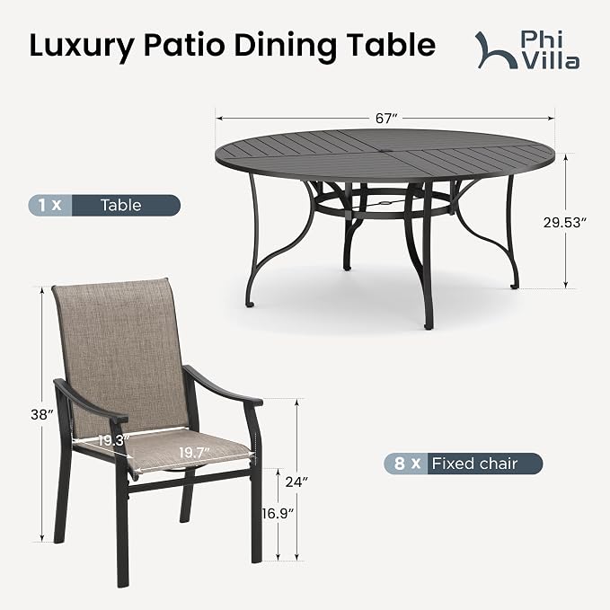 PHI VILLA Outdoor Dining Set for 8, Round Patio Table and Chairs Set, 9 Piece Patio Furniture Set with Metal Table & Textilene Chairs for Deck Garden Yard
