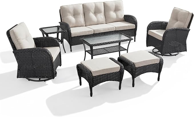 7 Piece Patio Furniture Set - Wicker Patio Conversation Set with Swivel Glider, 3 Seat Sofa, 2 Ottomans, Glass Side Table and Coffee Table for Deck Backyard - Black Wicker Beige Cushion