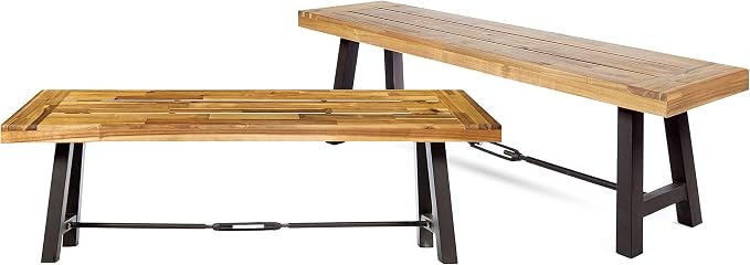 70'' Outdoor Patio Dining Table & 2 Bench for 4, Acacia Wood Farmhouse Dining Table Set Outdoor & Indoor Furniture for Patio Porch Garden, H-Shaped Metal Base, 3-Pcs, Teak