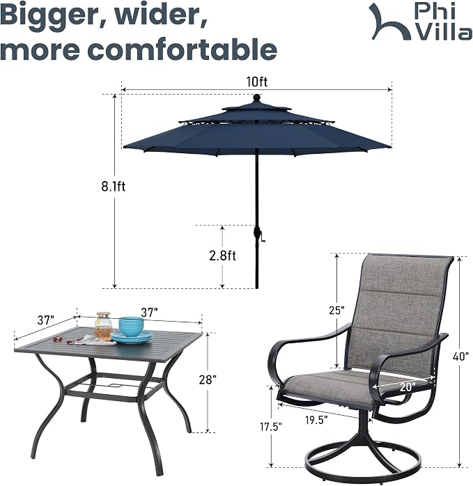 PHI VILLA Patio Dining Set for 4 with Navy Umbrella & Padded Swivel Chairs | Textilene, High back & Ergonomic, Square metal table, Weather-resistant, Outdoor backyard deck, No Umbrella Base, 6 piece