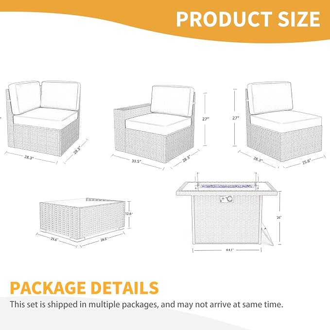 LayinSun 7 Pieces Patio Furniture Set with Fire Pit Table, Black Rattan Modular Sectional Patio Conversation Sofa Set