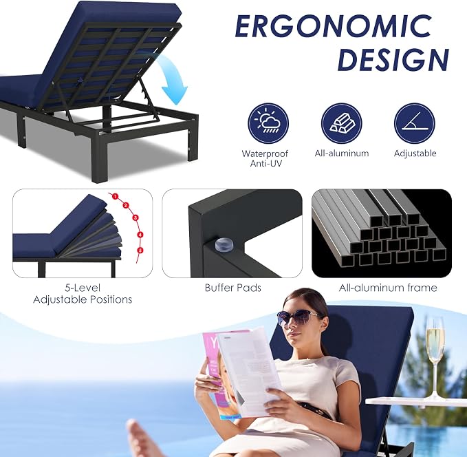 RADIATA 9 Pcs Oversized Contemporary Aluminum Patio Furniture Set, All Weather Modular Sectional Sofa with Tanning Chair & Fireplace, 500 lbs Heavy Duty Comfy Outdoor Couch for Beach Deck, Navy Blue