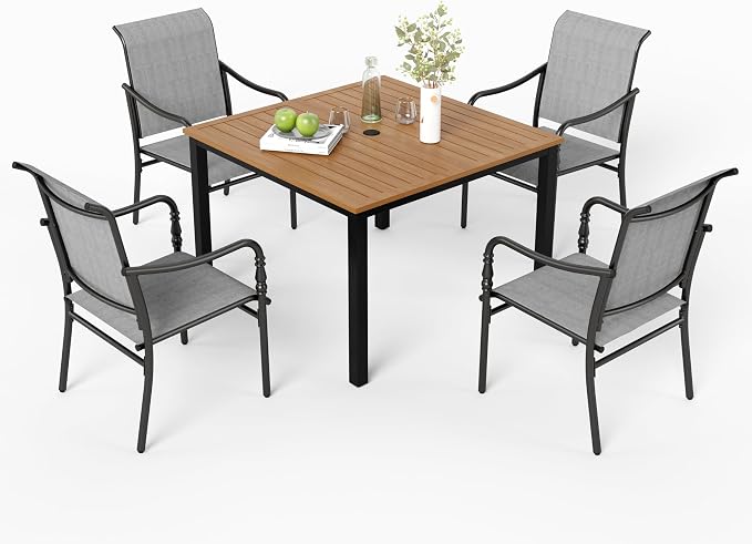 MIXPATIO 5 Piece Patio Dining Set, 4 x Textilene Dining Chairs, 42" Square Outdoor Dining Table with 1.57" Umbrella Hole, for Garden Lawn Porch and Backyard Poolside, Grey