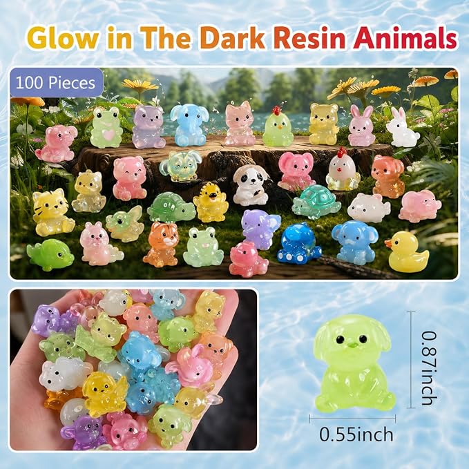 100 PCS Mystery Bag Mini Resin Animals, Glow in The Dark Tiny Animal Figurines Blind Bags Bulk, Cute Mini Resin Figures Surprise Box Toys for Kids, Classroom Prizes Goodie Bag Stuffers Party Favors