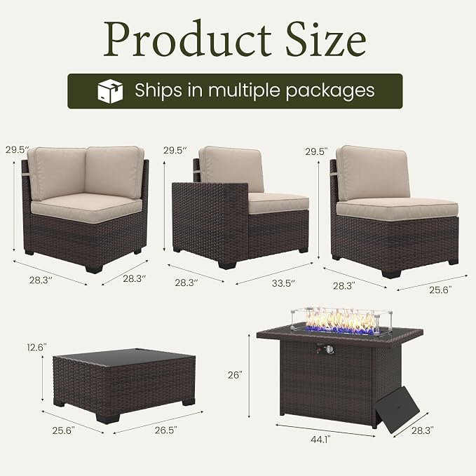 LayinSun 13 Pieces Outdoor Patio Furniture Set with 44" Fire Pit Table Brown Rattan Sectional Sofa Conversation Sets