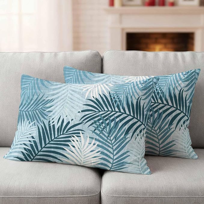 Teal Palm Leaves Waterproof Outdoor Pillow Covers Set of 2 Home Decor, Summer Tropical Leaf Plant Lumbar Pillowcase Patio Pillow Covers for Couch Bench Patio Furniture Garden 20x12in