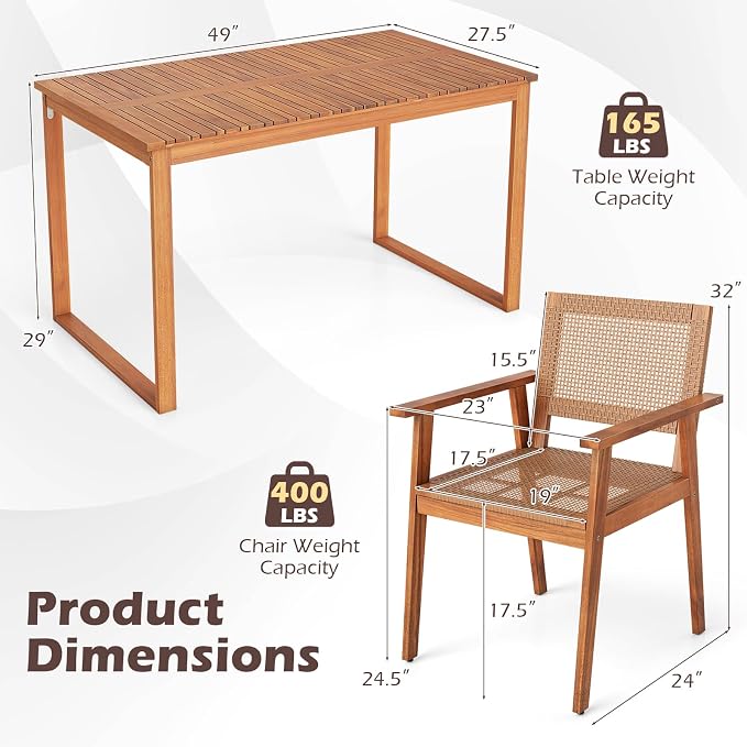 Tangkula 5 Pieces Acacia Wood Outdoor Dining Set, Outdoor Wood Table and Rattan Chairs for 4, Patio Dining Sets for Balcony Poolside Garden Backyard