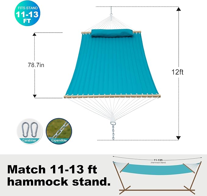 GAFETE Hammock 2 Person Quilted Fabric Hammocks for Outside, Double 12ft Hammocks with Spreader Bar, Large Removable Pillow, Storage Bag, Carabiners, Max 475 lbs Capacity (Canyon Creek Aqua)