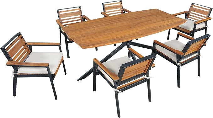 7-Piece Outdoor Patio Dining Set, All-Weather Rectangle Table and 6 Chairs with Dual-Layer Iron & Acacia Wood Seat Frame and Detachable Cushions for Backyard Garden Poolside (Beige-5.14)