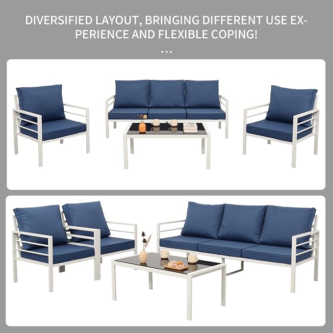 Rattaner Aluminum Outdoor Patio Furniture Set 4 Pieces Outdoor Furniture White Frame Patio Couch Set Outdoor Chairs Glass Coffee Table with No-Slip Cushions and Waterproof Covers, Navy Blue
