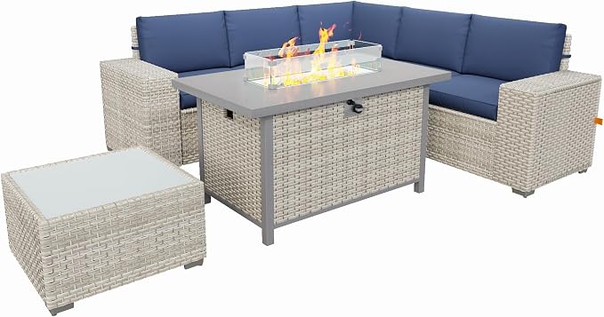 7 Piece Patio Furniture Set with 50,000 BTU Rattan Fire Pit Table that Converts to Coffee Table, 9.8" Wide Arm Sectional Sofa with Storage Armrests, Outdoor Rattan Conversation Set, Blue
