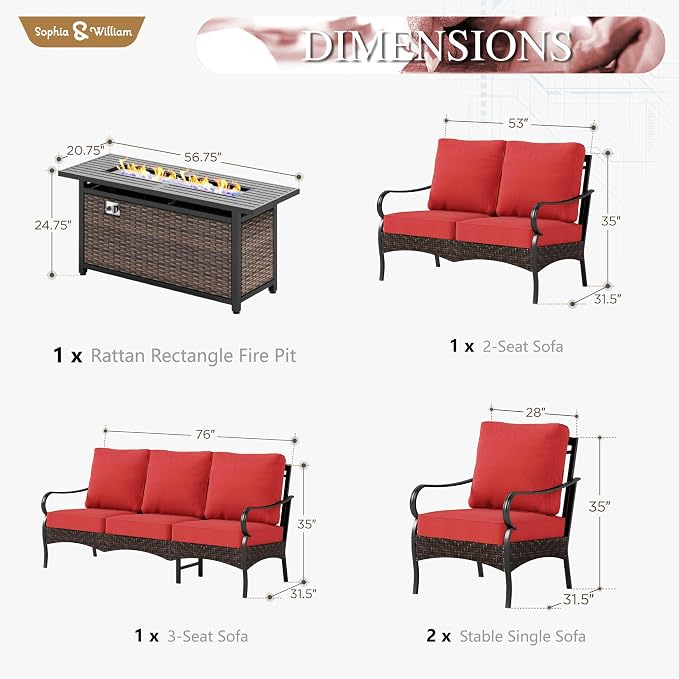 Sophia & William Patio Furniture Set with Fire Pit Table, 5 PCS Metal Outdoor Conversation Set with Fire Pit Table, 2 Sofa Chairs,1 Loveseat, 3-Seater Couch for Outdoor Seating, Backyard, Porch(Red)