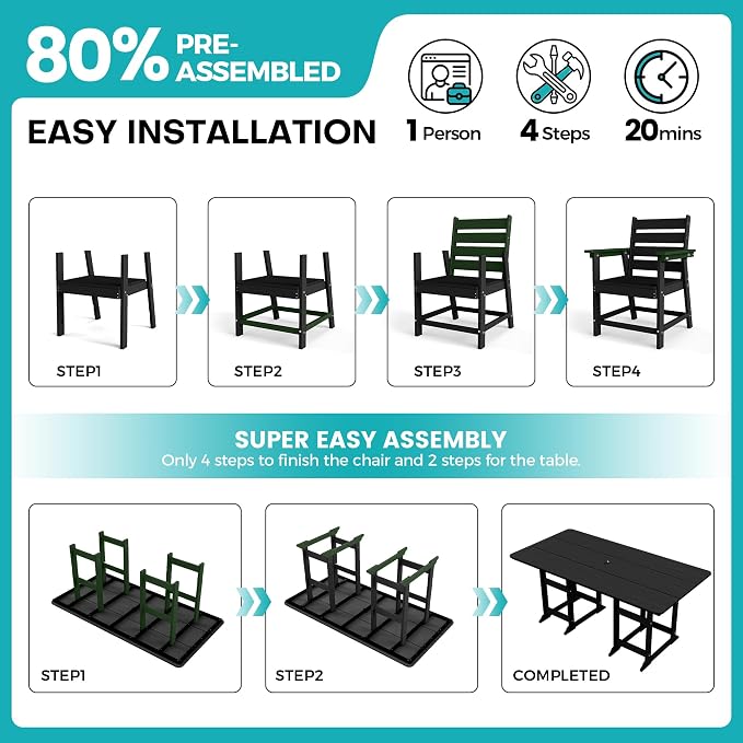 7-Piece Dining Set, HDPE Table & 6 Chairs, Black | HDPE Dining Set,67" Table+6 Chairs, 380 lbs, 304 Stainless, All-Weather,No Rust No Crack,Outdoor Patio Garden