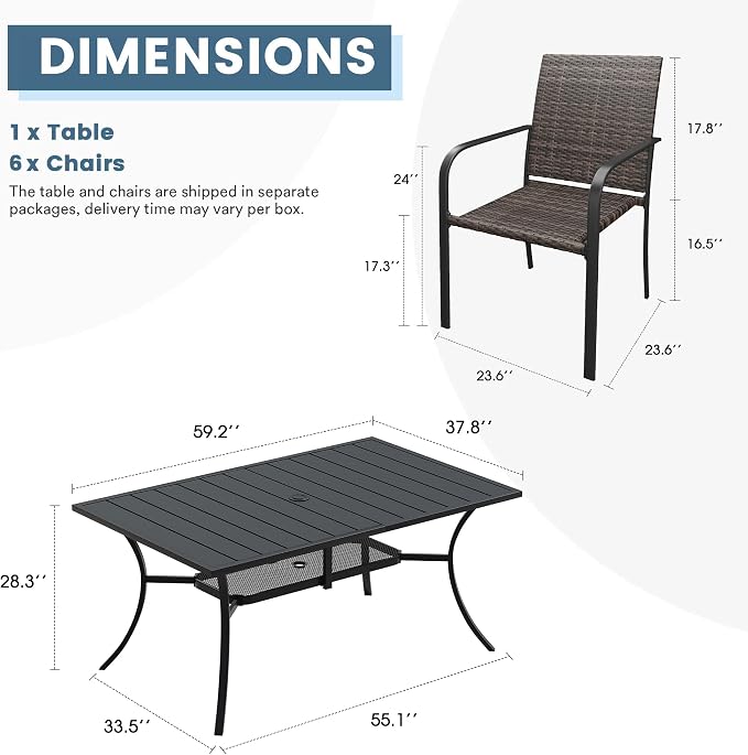 DIFY 7 Piece Outdoor Dining Set for 6, 59.2" Black Rectangle Metal Dining Table with Umbrella Hole and Stackable Wicker Patio Chairs, All-Weather Patio Table and Chairs Set for Deck Garden Backyard