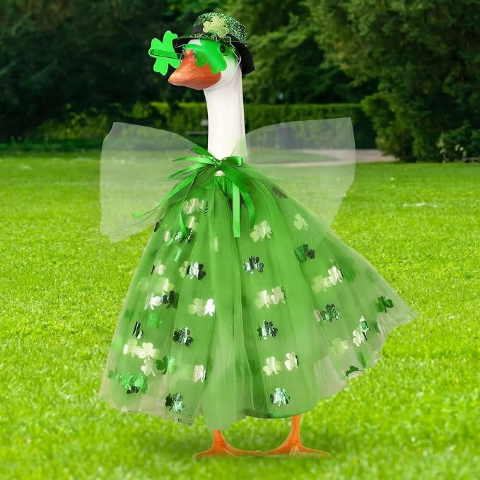 Soulchen 1 Set St. Patrick's Day Clover Porch Goose Outfits 23 Inch Cement Goose Clothes Geese Glasses and Hat Outfit Costume Set for Irish St. Patrick's Holiday Outdoor Garden Yard Decor