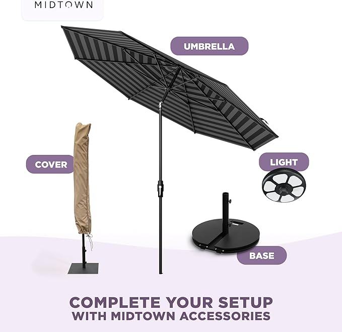 Midtown Umbrellas – The Swilt 9 Ft Patio Umbrella with 360° Swivel & Tilt Mechanism, Sunbrella Fabric & 8 Fiberglass Ribs – Outdoor Umbrella for Deck, Pool & Cafes – Black & White Canopy, Black Pole