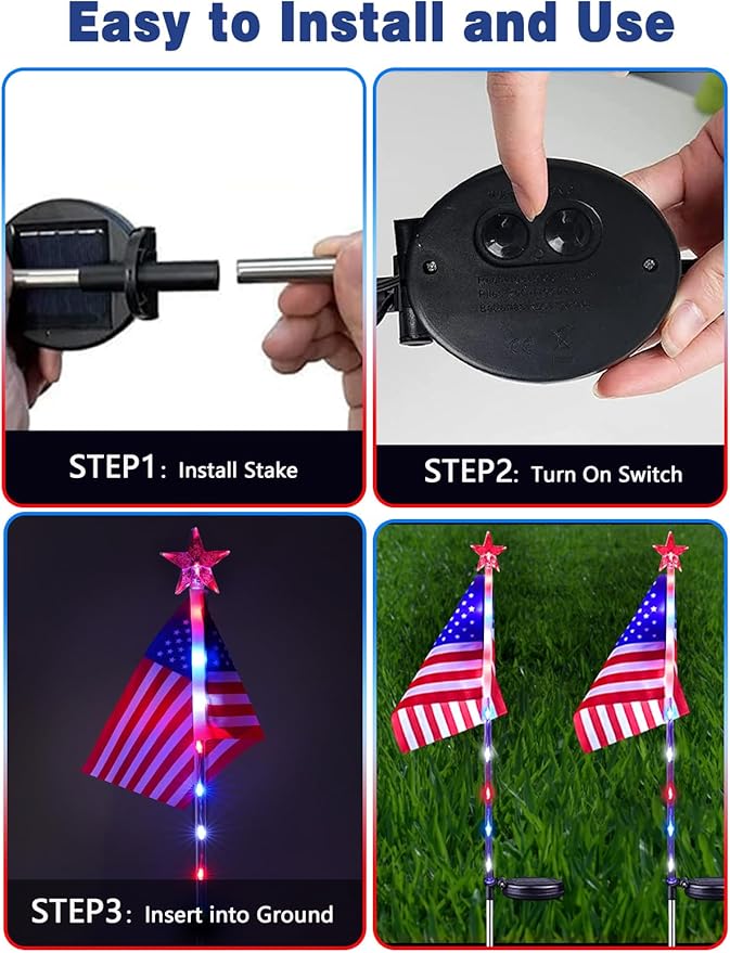 6 Pack Solar American Flag Lights Outdoor, 4th of July Decorations Outdoor, Waterproof Solar Flag Patriotic Lights for Yard, Garden, Pathway, Independence Day, 250th Anniversary (Red White and Blue)