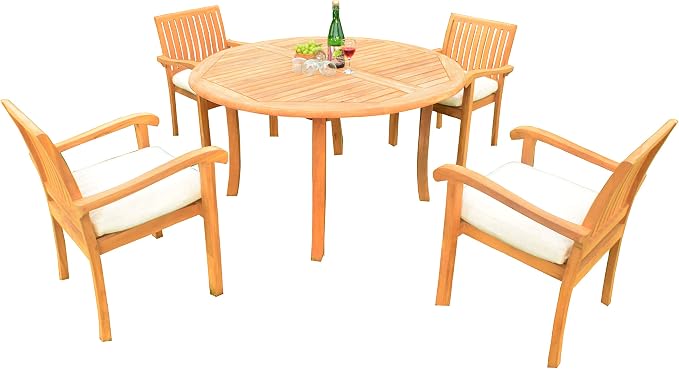 5 PC A Grade Outdoor Patio Teak Dining Furniture Set - 52" Round Table & 4 Naples Stacking Arm Chairs