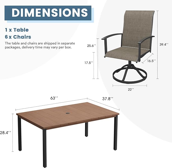 DIFY 7 Pieces Outdoor Dining Set, Metal Patio Table and Chairs Set for 6 with Umbrella Hole, 63" Walnut Rectangle Table and Brown Textilene Swivel Patio Chairs for Garden, Backyard, Poolside