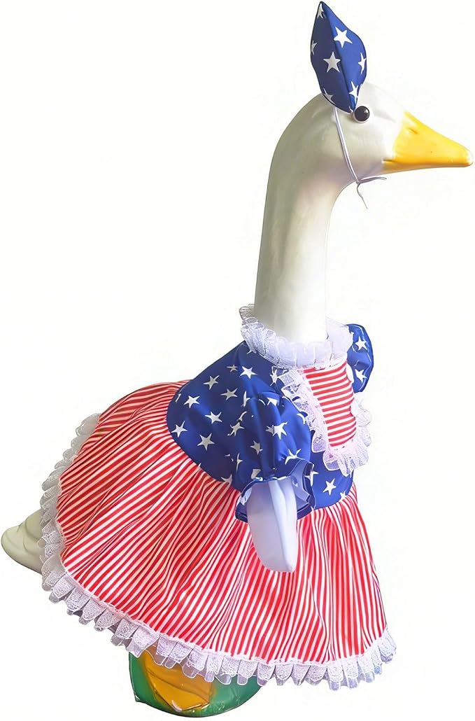 4th of July Porch Goose Outfit Set for 23'' Cement Lawn Goose Statue,Patriotic Star Stripe Dress with Bow,American Independence Day Decor(4th of July)