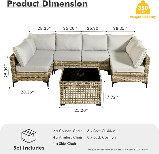 7 Pieces Wicker Patio Furniture Set,Outdoor Sectional Sofa with Coffee Table Comfy Cushions,Modern Modular Deep Seat Rattan Couch Conversation Set,Light Grey