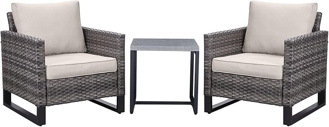 Belord Outdoor Bistro Set 3 Piece Outdoor Wicker Patio Chairs, Oversize Outdoor Rattan Seating Set, All-Weather Chairs Wicker Furniture with Metal Side Table and Water-Resistant Cushion for Outside