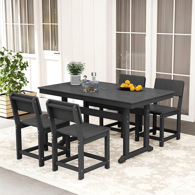 5-Piece HDPE Outdoor Patio Dining Set,Modern Plastic Dining Sets,Patio Table and Chairs Set with Umbrella Hole Cut-Out Table and 4 Chairs Black