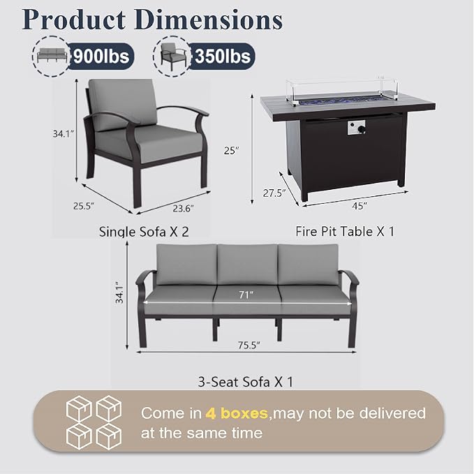 ALAULM Aluminum Patio Furniture Set with Propane Fire Pit Table 5-seat Metal Outdoor Furniture w/Fire Pit Sectional Sofas w/5.1" Cushions for Patio, Backyard, Poolside-Grey