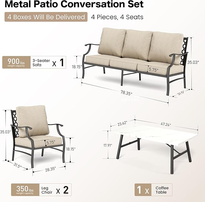 SUNSHINE VALLEY Patio Furniture Set, 4 Piece Modern Metal Outdoor Patio Furniture, 3 Seater Couch, 2 Fixed Chairs, Coffee Table and 5.75" Extra Thick Cushion, Patio Conversation Set for Backyard Deck