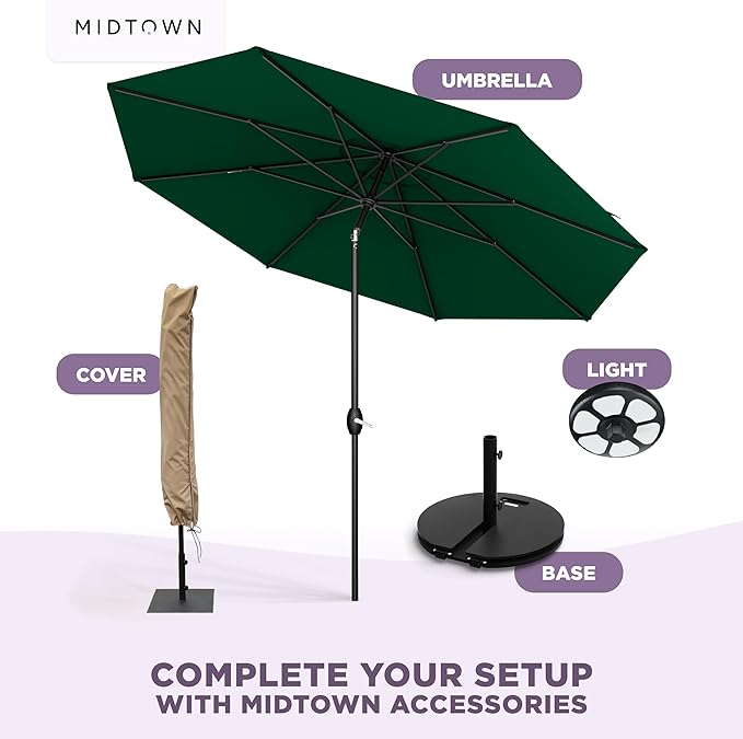 Midtown Umbrellas - The Lean 9 Ft Patio Umbrella with Fade-Resistant Sunbrella Fabric, Auto-Tilt Aluminum Frame and 8 Reinforced Ribs for Deck, Pool & Garden - Forest Green Canopy, Black Pole