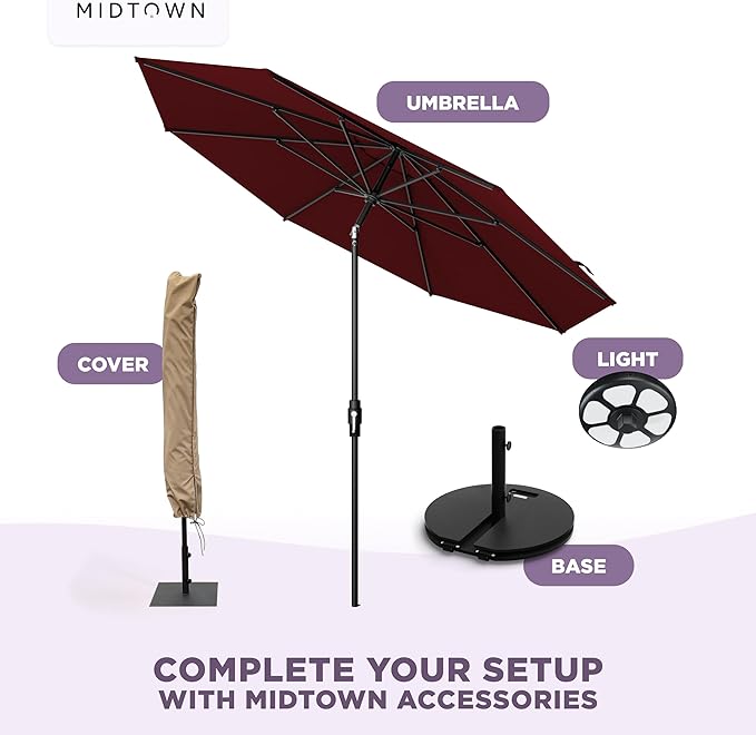 Midtown Umbrellas 9 Feet Aluminum Patio Umbrella With Fiberglass Ribs In Sunbrella Burgundy, Auto-Tilt And 360 Degrees Swivel For Optimal Shade, Kevlar Cord For Long Lasting Use