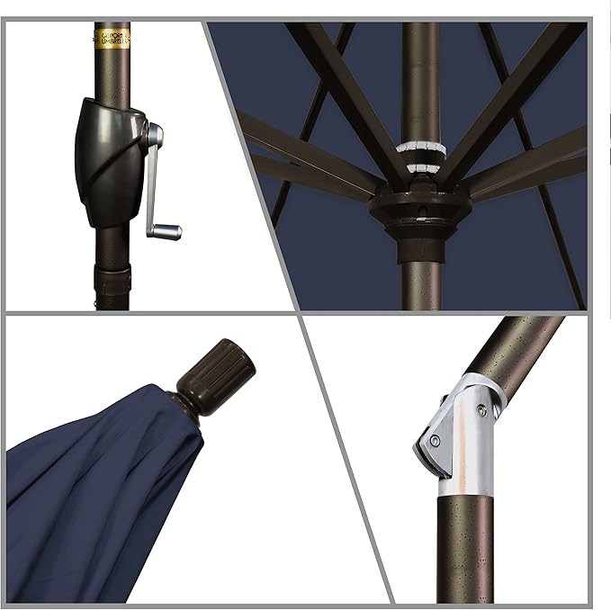 California Umbrella 9' Round Aluminum Market Umbrella, Crank Lift, Push Button Tilt, Bronze Pole