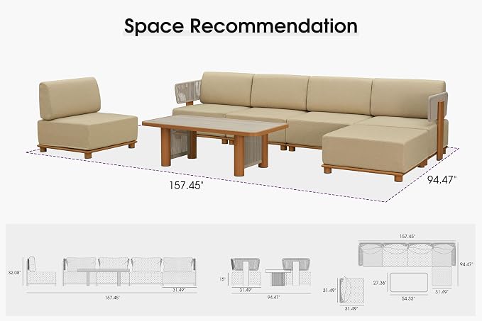 PURPLE LEAF Patio Furniture Set Modular Open-End Outdoor Sectional Sofa with 11" Thick Olefin Cushion 7-Piece Outdoor Conversation Set w/Coffee Lights & Ottoman for Poolside Table Included, Beige