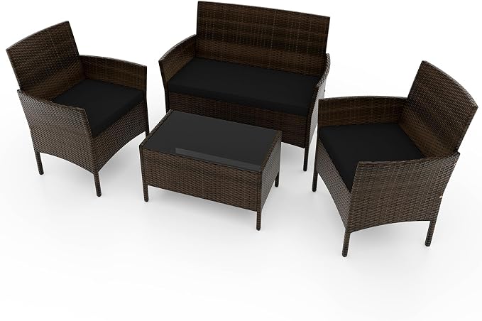 RELAX4LIFE 4-Piece Patio Furniture Set - Rattan Outdoor Conversation Bistro Set w/Cushions, Glass Coffee Table, Wicker Chairs & Loveseat for Garden Backyard Porch, Balcony Furniture Set (1, Black)