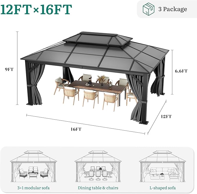 YITAHOME 12x16FT Polycarbonate Gazebo Double Roof Canopy Outdoor with Netting and Shaded Curtains, Aluminum Frame Polycarbonate Hardtop Garden Tent for Patio, Backyard, Deck and Lawns, Grey