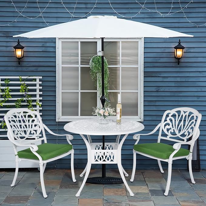 VIVIJASON 3-Piece Patio Bistro Sets, All-Weather Cast Aluminum Bistro Table Set Outdoor Patio Furniture, Include 2 Cushioned Chairs and 35.4" Round Table, 2" Umbrella Hole, White