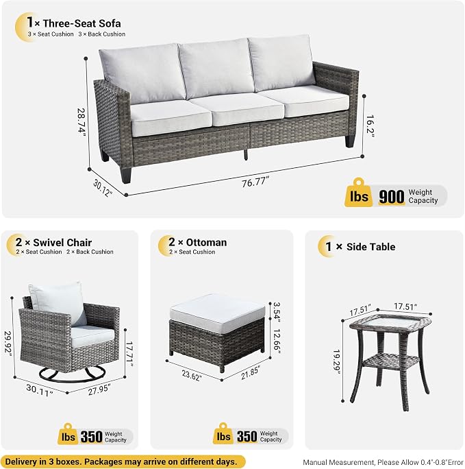 ovios 6 Pieces Patio Furniture Set, Outdoor Wicker Sofa Couch with Swivel Chairs, Rocking Glider Rocker with Comfy Cushions All Weather Rattan Conversation Set, Grey