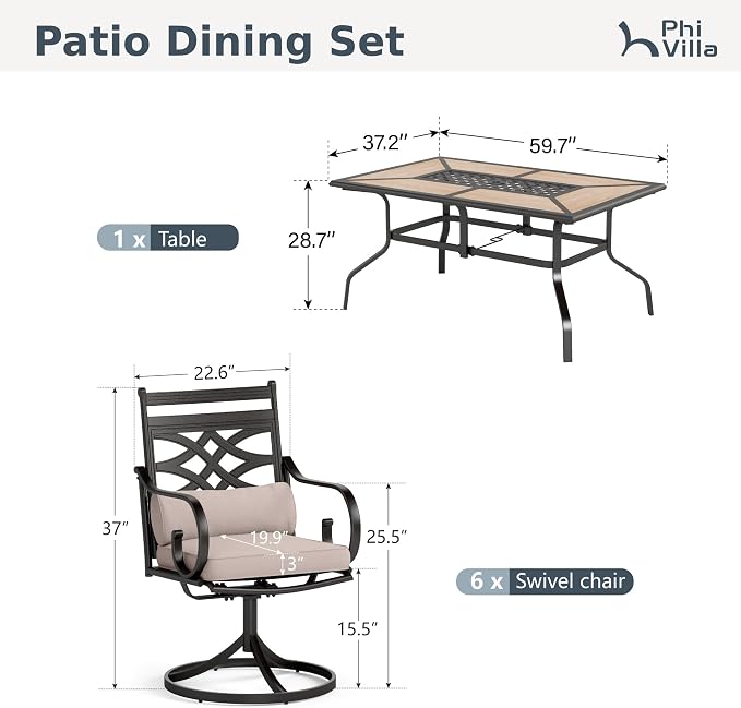PHI VILLA Patio Dining Set, for 6, Swivel Chairs | E-Coated and Steel, Rectangle Table, Beige Cushion, 1.57" Umbrella Hole