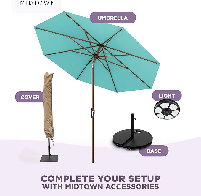 Midtown Umbrellas Sunbrella Umbrella Outdoor Patio Umbrella 2-9 Feet in Sunbrella Aruba Acrylic Fabric, Auto-Tilt Aluminum Frame For Backyard, Deck & Porch Umbrella - Wooden Pole
