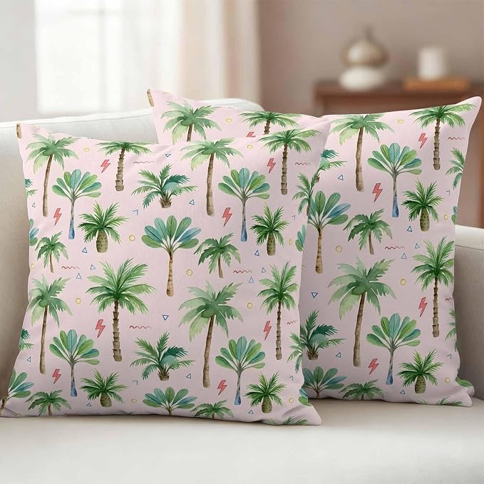 Yukro Tropical Palm Tree Outdoor Waterproof Pillow Covers Pack of 2, Lightning Summer Forest Pink Boho Throw Pillowcases Decorative Cushion Covers for Garden Patio Tent Sofa Couch, 20x20 inch
