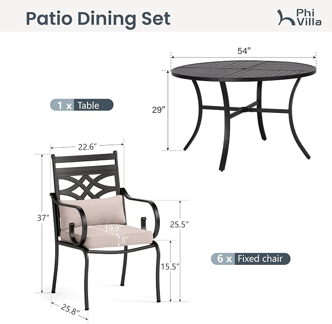 PHI VILLA Patio Dining Set, Round Metal Table | Metal chairs, Beige, Umbrella Hole, Cushions, E-coated