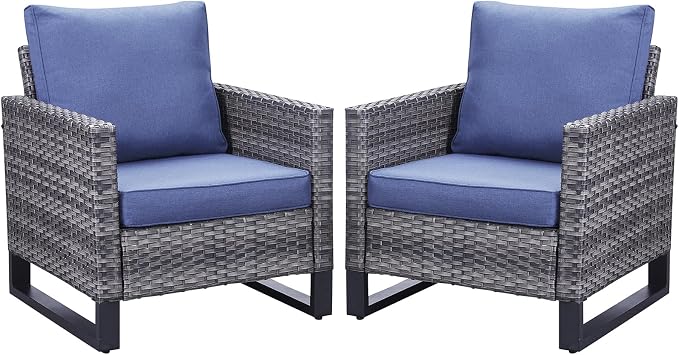 Belord Oversize Patio Chairs Set of 2 Outdoor Wicker Dining Chairs, All-Weather Rattan Patio Club Chair Furniture Sets with Water-Resistant Cushion Anti-Rust Frame Blue