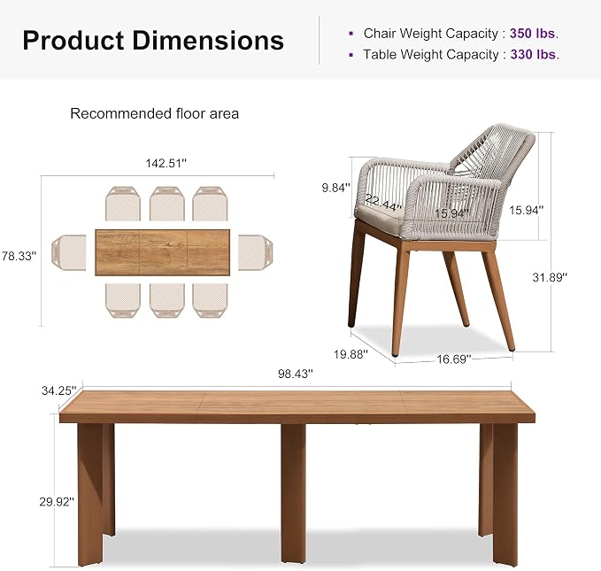 PURPLE LEAF 9 Pieces Patio Dining Set Aluminum Rectangular Table and Rattan Arm Chairs with Cushions for Kitchen Porch Garden Modern Outdoor Furniture Sets