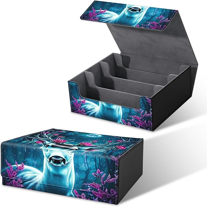 Card Deck Box for MTG, Cards Storage Box Fits 120+ Sleeved, Leather Big Size Strong Magnetic Closing Case for Board Games Magic TCG CCG Baseball Collection Women Man, Forest Flowers Deer