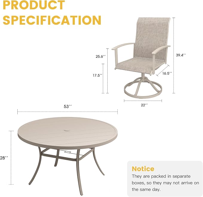 VICLLAX 7 Pieces Patio Dining Set, Outdoor Dining Set for 6-53" Round Outdoor Table and Swivel Patio Chair Set for Deck, Lawn and Garden, Sanshell Color