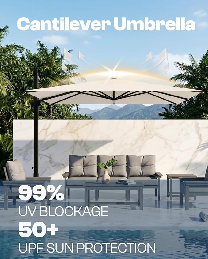 8' X 8' Patio Umbrella, Cantilever Umbrella with 360°Rotation, Offset Patio Umbrella with Easy Tilt & Fade Resistance for Pool Deck Garden Backyard, Off-White (Base not Included)