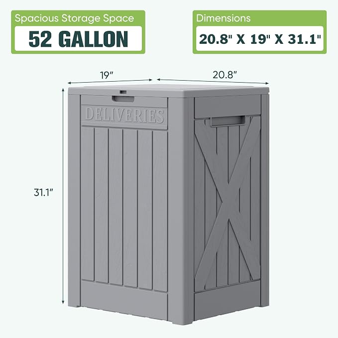 Greesum 52 Gallon Outdoor Resin Package Delivery Box for Porch, Lockable Secure Double-Wall, Waterproof Deck Box for Package Protection, Gray