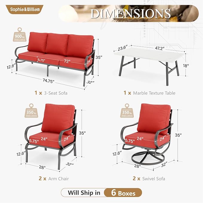 Sophia & William Patio Furniture Sets for 7 Outdoor Conversation Set 6 Pcs with 4 x Armrest Cushioned Sofa Chairs, 1 x 3-Seat Sofa, 1 Marbling Metal Coffee Table Garden Backyard Poolside Red