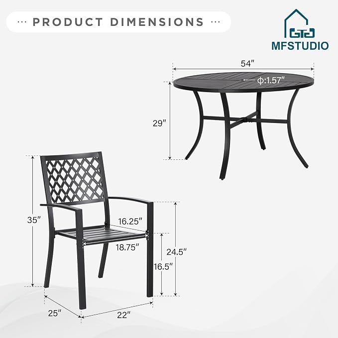 MFSTUDIO Round Patio Table and Chairs Set, Outdoor Dining Set for 6 with Umbrella Hole, 7 Piece Patio Dining Set for Deck Backyard Poolside Garden