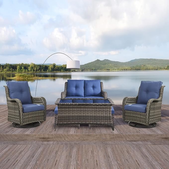 Rilyson 6 Piece Outdoor Patio Furniture Set - Rattan Wicker Patio Conversation Sets with 2 Swivel Rocker Chairs,2 Ottomans,1 Loveseat and 1 Coffee Table for Outside Porch Deck Yard(Mixed Grey/Blue)